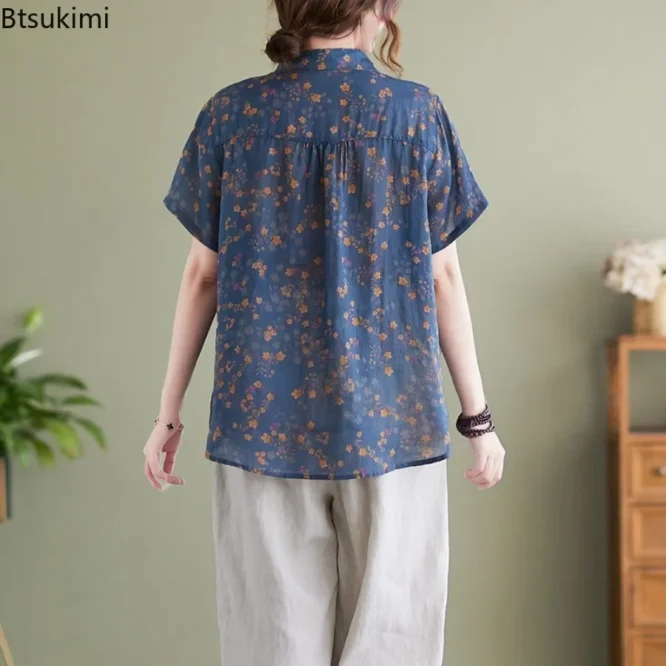 Fashion Literary Vintage Cotton Linen Shirts for Women Summer Floral Print Loose Casual Blouses Ladies Lapel Short-sleeved Tops 4