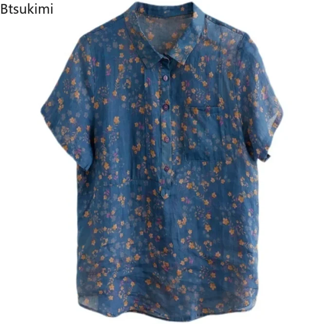Fashion Literary Vintage Cotton Linen Shirts for Women Summer Floral Print Loose Casual Blouses Ladies Lapel Short-sleeved Tops 5