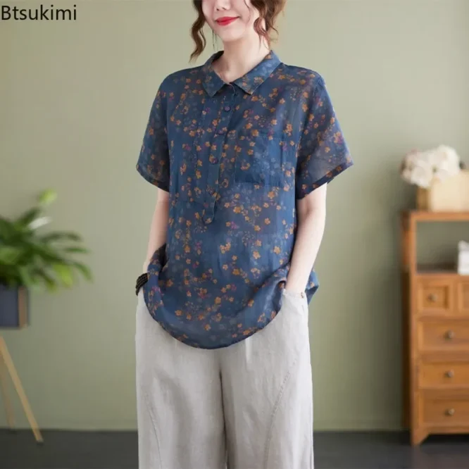 Fashion Literary Vintage Cotton Linen Shirts for Women Summer Floral Print Loose Casual Blouses Ladies Lapel Short-sleeved Tops 3