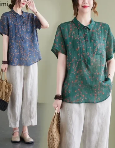 Fashion Literary Vintage Cotton Linen Shirts for Women Summer Floral Print Loose Casual Blouses Ladies Lapel Short-sleeved Tops 1