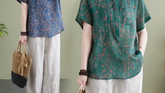 Fashion Literary Vintage Cotton Linen Shirts for Women Summer Floral Print Loose Casual Blouses Ladies Lapel Short-sleeved Tops 1