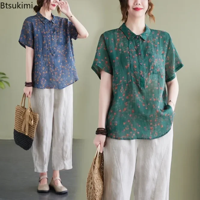 Fashion Literary Vintage Cotton Linen Shirts for Women Summer Floral Print Loose Casual Blouses Ladies Lapel Short-sleeved Tops 1