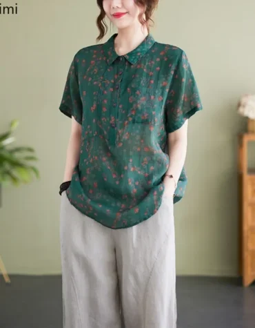 Fashion Literary Vintage Cotton Linen Shirts for Women Summer Floral Print Loose Casual Blouses Ladies Lapel Short-sleeved Tops 2