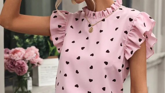 Fashion Chiffon Print Women's Shirt Casual Ruffle Short Sleeve Top Pink Chic Woman Blouse And Shirts Elegant Blouses Summer 2024