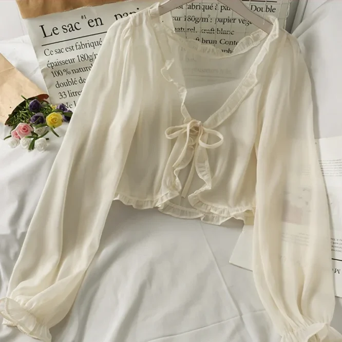 Long Sleeve Thin Breathable T-shirts Women Lace Bow Cardigan Blouse Clothing Ruffles Sun-protection Outwear Blouse For Covers - Image 2
