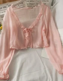 Long Sleeve Thin Breathable T-shirts Women Lace Bow Cardigan Blouse Clothing Ruffles Sun-protection Outwear Blouse For Covers - Image 3