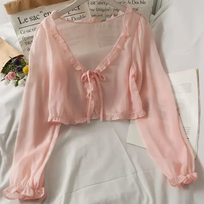 Long Sleeve Thin Breathable T-shirts Women Lace Bow Cardigan Blouse Clothing Ruffles Sun-protection Outwear Blouse For Covers - Image 3