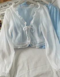 Long Sleeve Thin Breathable T-shirts Women Lace Bow Cardigan Blouse Clothing Ruffles Sun-protection Outwear Blouse For Covers