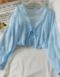 Long Sleeve Thin Breathable T-shirts Women Lace Bow Cardigan Blouse Clothing Ruffles Sun-protection Outwear Blouse For Covers - Image 4