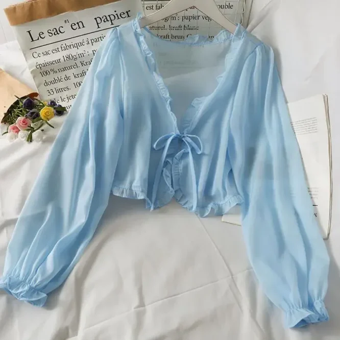 Long Sleeve Thin Breathable T-shirts Women Lace Bow Cardigan Blouse Clothing Ruffles Sun-protection Outwear Blouse For Covers - Image 4