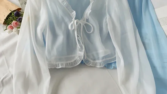 Long Sleeve Thin Breathable T-shirts Women Lace Bow Cardigan Blouse Clothing Ruffles Sun-protection Outwear Blouse For Covers