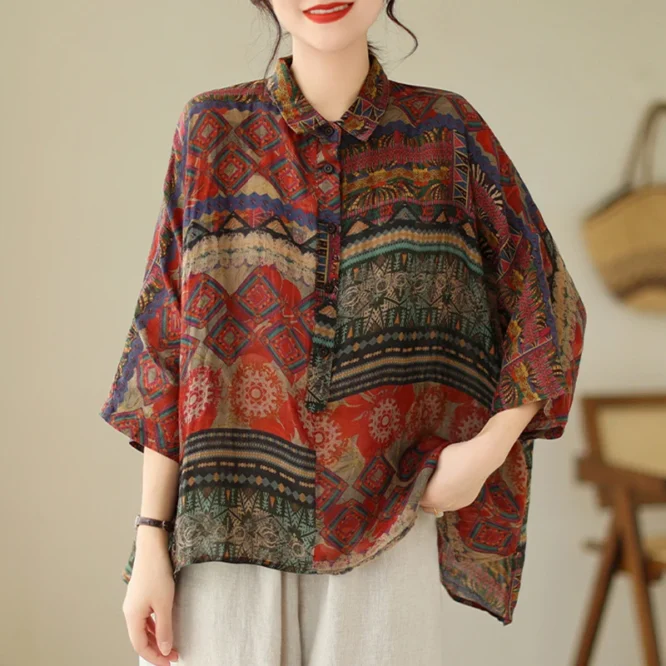 Masss Wasss 2025 Spring Chinese Womens Fashion Printed Chiffon Shirts Ladies Leisure Loose Blouses Classic Luxury Vintage Tops - Image 3