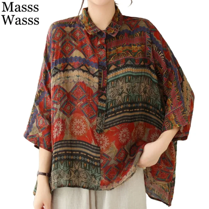 Masss Wasss 2025 Spring Chinese Womens Fashion Printed Chiffon Shirts Ladies Leisure Loose Blouses Classic Luxury Vintage Tops