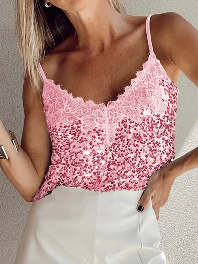 Spaghetti Strap V Neck Fashion Blouses, Women Summer Lace Patchwork Chic Tops, 2025 Sequins Elegant Simple Ladies Shirts Blusas